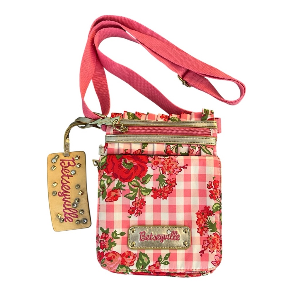 VTG Betseyville by Betsey Johnson Pink Floral Plaid Crossbody Bag Y2K Purse